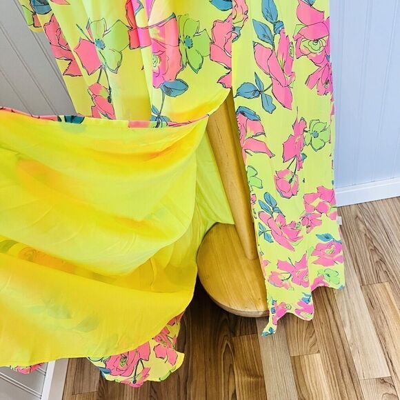 ASOS Design Sz 8 UK12 Soft Shirred Waist Open Back Maxi Dress Yellow Pink Floral - Picture 7 of 16